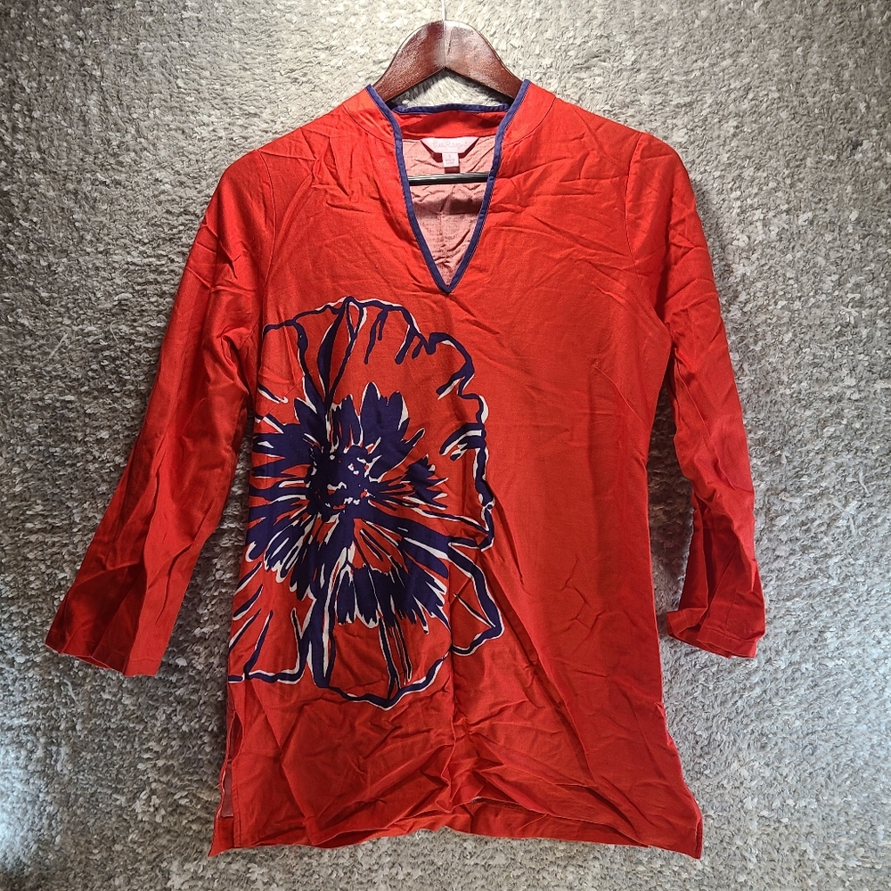Lilly Pulitzer Red‎ Hibiscus Print Ciara Tunic Top Size Small Side Zip Cotton